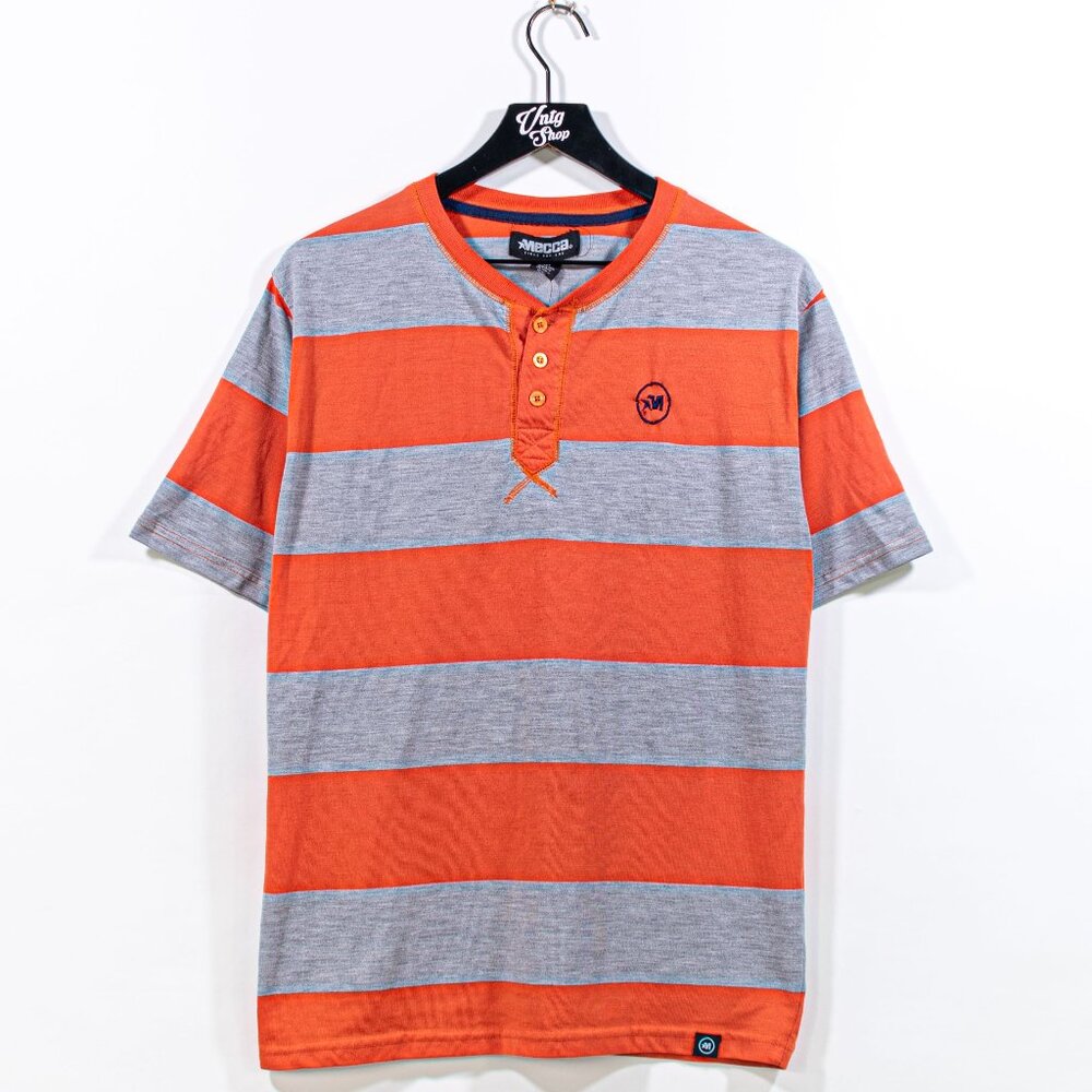 MECCA Striped Henley T-Shirt Medium Y2K Hip Hop Skater Streetwear